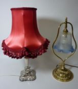 Silver-plated table lamp with shade H46cm and a brass table lamp with etched glass shade (2) (This