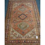 Persian hand knotted Hamadan peach and beige ground rug,