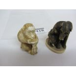 Early 20th century netsuke in form of a dog and puppy and a seated monkey both signed