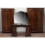 20th century walnut three piece serpentine bedroom suite comprising of - double wardrobe (W130cm,