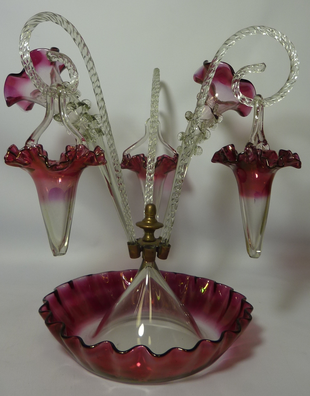 Late 19th/early 20th century cranberry glass epergne H40cm Condition Report One