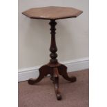 Victorian walnut octagonal top pedestal table, W54cm,