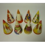 Set of eight Bradford Exchange Clarice Cliff Centenary limited edition conical sugar sifters 11cm