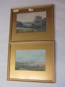Lancastrian pastoral scene signed Robert E Rampling and Lancaster and Skerton Bridge watercolour