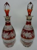 Pair 20th century ruby flashed cut crystal decanters with hallmarked silver collars H33cm