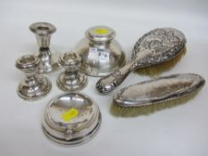 Pair dwarf silver candlesticks, one other, inkstand,