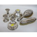 Pair dwarf silver candlesticks, one other, inkstand,