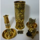 Brass Trench Art vase, fish, miniature miner's lamp,