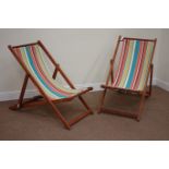 Pair solid teak frame deck chairs in striped fabric Condition Report <a