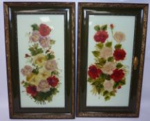 Floral Still Life Studies, pair Edwardian paintings on glass,