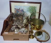Silver plate, brass jam pan, pair brass candlesticks H23cm, barbola type mirror,
