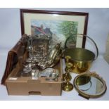 Silver plate, brass jam pan, pair brass candlesticks H23cm, barbola type mirror,