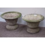 Pair composite stone decorative shallow garden urns,