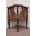 19th century oak corner chair with upholstered drop in seat and back rest,