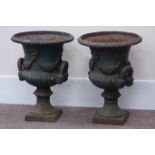 Pair Victorian cast iron garden urns, decorated with swags, fitted with carrying handles, D44cm,