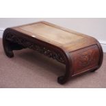 Chinese padouk wood opium table, scroll feet, dragon carved frieze decoration, 95cm x 44cm,