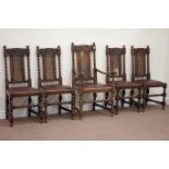 Early 20th century set five (4+1) Carolean style dining chairs, cane-work back panels,