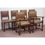 20th century oak set six (4+2) dining chairs, carved detail,