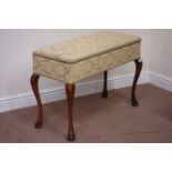 20th century upholstered stool raised on cabriole legs, hinged seat enclosing storage compartment ,