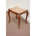 20th century walnut upholstered dished seat stool, on cabriole legs,