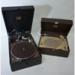 Early 20th century HMV box gramophone and a vintage HMV three speed record player