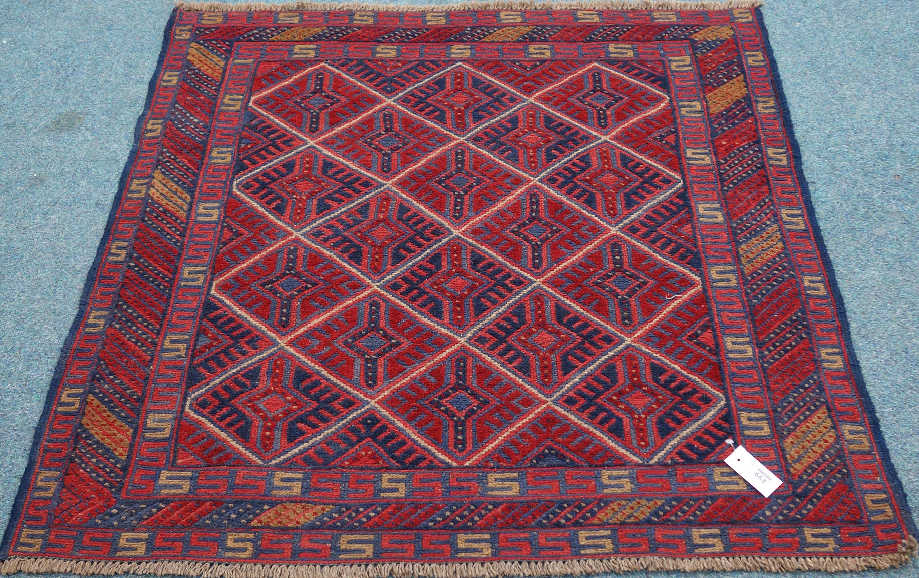 Tribal Gazak red and blue rug geometric design,