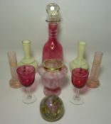 Cranberry glass decanter, pair wine glasses, pairs posy vases,