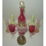 Cranberry glass decanter, pair wine glasses, pairs posy vases,