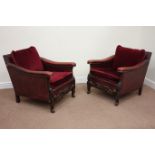 20th century three piece carved wood and leather lounge suite comprising of - three seat sofa