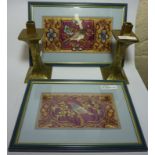 Pair of Anglo-Indian brass candlesticks H22cm and two embroidered panels of birds (framed)