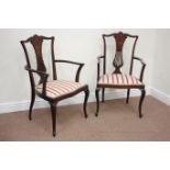 Pair Edwardian inlaid walnut armchairs,