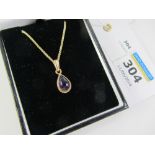 Amethyst teardrop cabochon pendant necklace hallmarked 9ct Condition Report <a