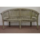Solid teak curved back garden bench with serpentine seat,