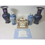 Pair late 19th/early 20th century Chinese blue and white baluster vases H20cm,