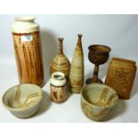 Studio Pottery - two K M Simeonidi vases, two other similar vases, goblet,