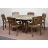 Solid teak circular extending garden table with foldout leaf (D130cm - 190cm (extended)),