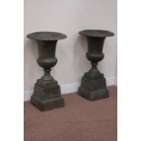 Pair bronzed finish Victorian style urns on plinths, egg and dart rim decoration, D47cm,