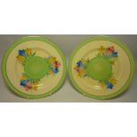 Pair Clarice Cliff for Newport pottery 'Spring Crocus' pattern plates D22cm Condition