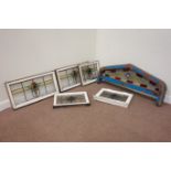 Over door wooden framed stained glass window and five stained glass windows matching patterns