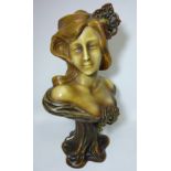 Large terracotta bust of a young woman impressed 'Goldschieder Reproduction Reservee 1029' 53cm