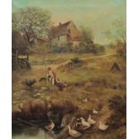 John Langstaffe (British 1849-1912): Farmstead with two young girls and ducks by a pond,