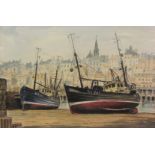 Jack Rigg (British 1927-): Whitby Fishing Boats at Low Tide, watercolour signed,