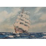 R W Underwood (Mid 20th century): Clipper ship at Sea, watercolour signed and dated 1932,