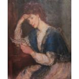 Dame Ethel Walker (Scottish 1861-1951): 'The Reader' half length portrait of a young woman in blue,