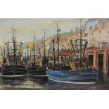Jack Rigg (British 1927-): 'Whitby' Fishing Boats by the Quayside, watercolour signed,