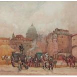 Frederick Lawson (British 1888-1968): French City - Horse and Carts unloading by the River,