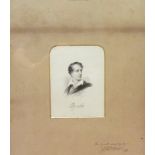 J E Batman (19th century): Portrait of Lord Byron, miniature pen and ink portrait,