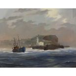 Don Micklethwaite (British 1936-): Fishing Boat leaving Scarborough,