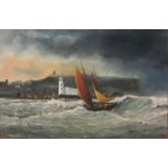 Robert Sheader (Late 20th century): Returning to Scarborough Harbour in Heavy Seas,