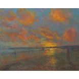 Michael J Strang (British 1942-): `Longrock Beach towards Penzance Sunset - Self portrait with